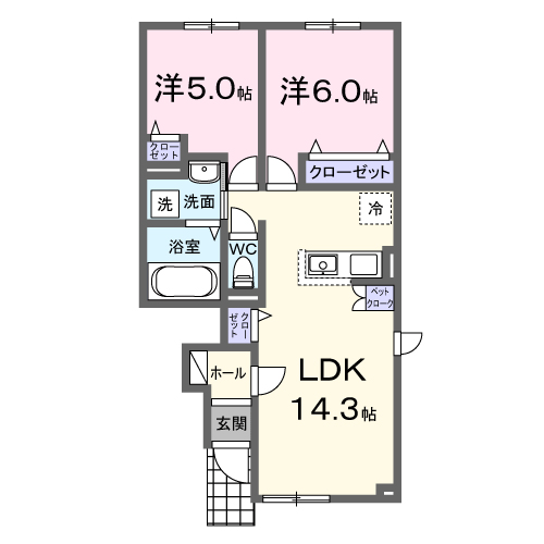 ボヌール 松風Ⅱ(2LDK/1階)の間取り写真