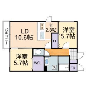 ラピス山の手(2LDK/4階)の間取り写真