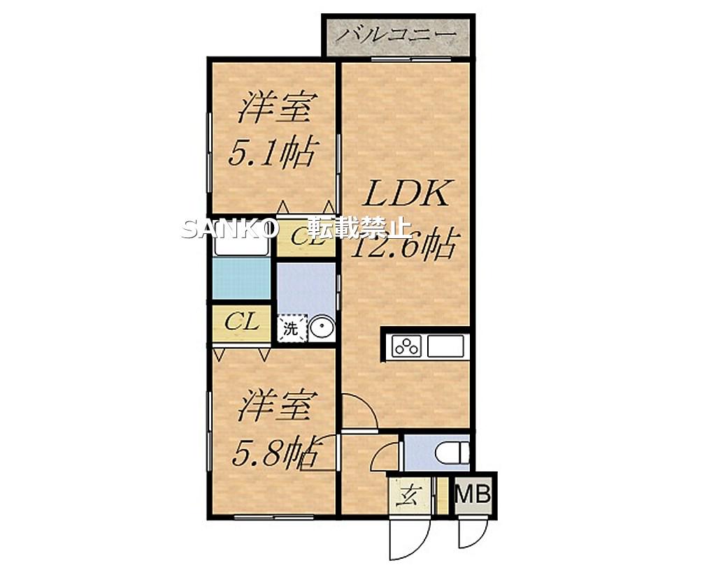 グランディールN21イースト(2LDK/4階)の間取り写真