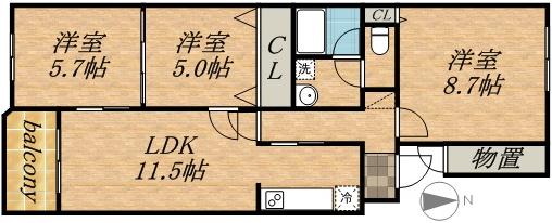 サンフロア山鼻(3LDK/3階)の間取り写真