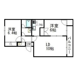 フリューゲル石山(2LDK/2階)の間取り写真