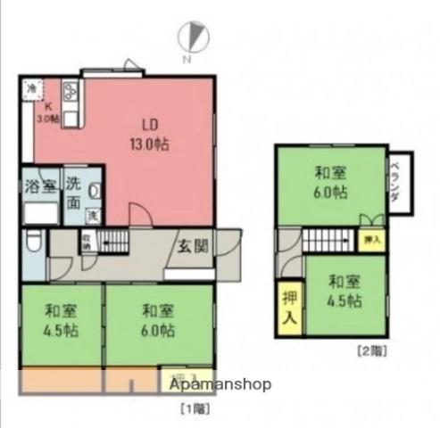 北海道登別市 2階建 築52年(4LDK)の間取り写真
