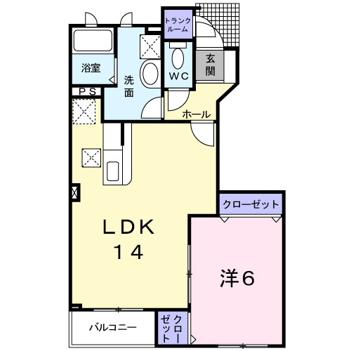 イーストツーヒルズ(1LDK/1階)の間取り写真