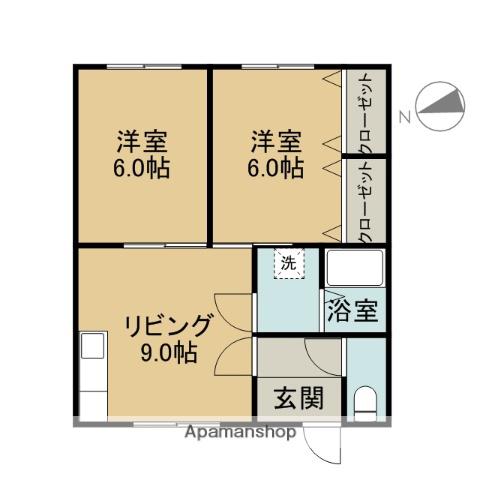 函館本線 滝川駅 バス乗車時間：7分 西高入口バス停で下車 徒歩3分 2階建 築47年(2DK/1階)の間取り写真