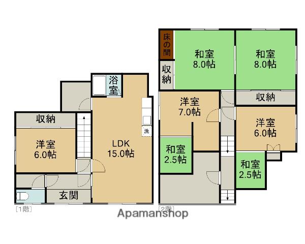 函館本線 滝川駅 バス乗車時間：15分 滝川工業高校バス停で下車 徒歩3分 2階建 築52年(5LDK)の間取り写真