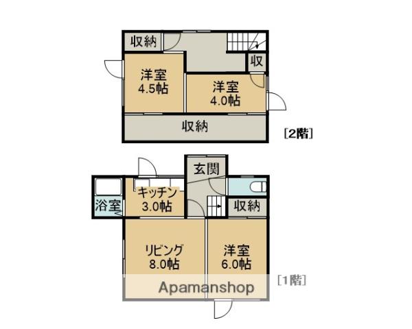 函館本線 滝川駅 バス乗車時間：13分 黄金町西１丁目バス停で下車 徒歩10分 2階建 築62年(4DK)の間取り写真