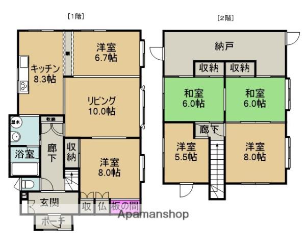 函館本線 砂川駅 徒歩29分 2階建 築52年(6SLDK)の間取り写真