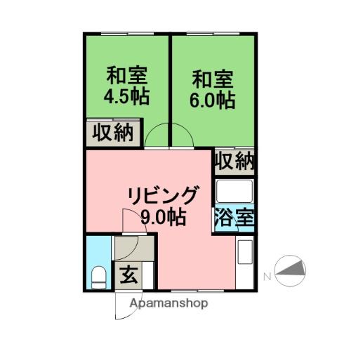 函館本線 滝川駅 バス乗車時間：5分 西町バス停で下車 徒歩8分 2階建 築47年(2DK/1階)の間取り写真