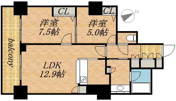 PRIME URBAN札幌 RIVER FRONT(2LDK/2階)の間取り写真