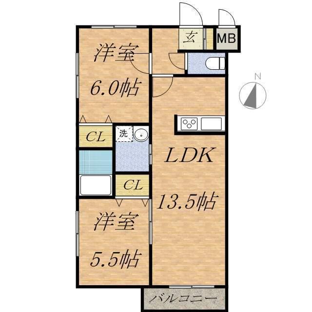 グランディールN21 ウエスト(2LDK/4階)の間取り写真