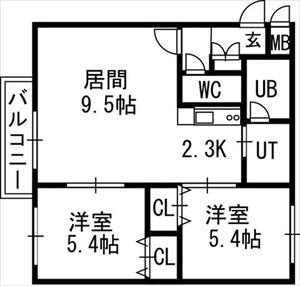 そふぃおーね円山北二条(2LDK/2階)の間取り写真
