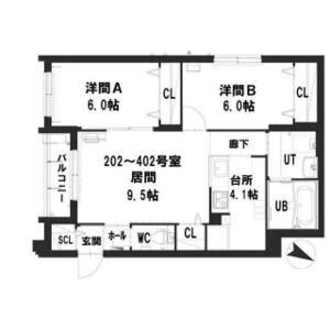 グランメール KM(2LDK/4階)の間取り写真