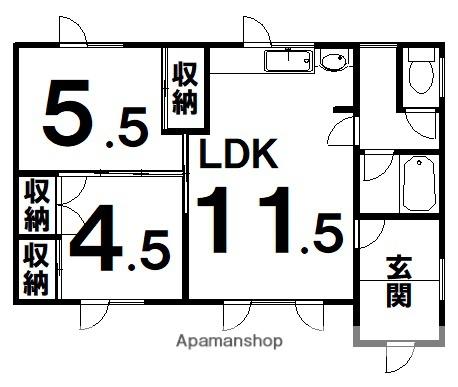 北海道帯広市 1階建 築60年(2LDK)の間取り写真