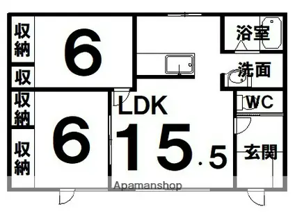 根室本線 帯広駅 バス乗車時間：36分 大空７丁目バス停で下車 徒歩5分 1階建 築49年(2LDK)の間取り写真