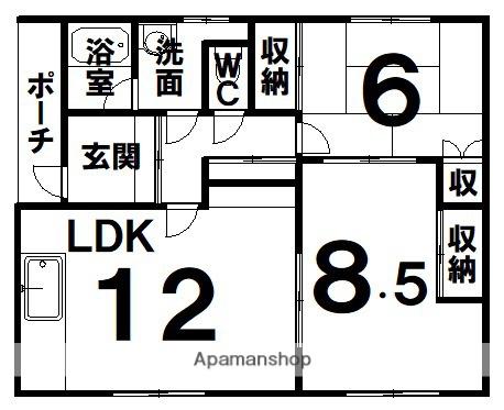 北海道帯広市 1階建 築39年(2LDK)の間取り写真