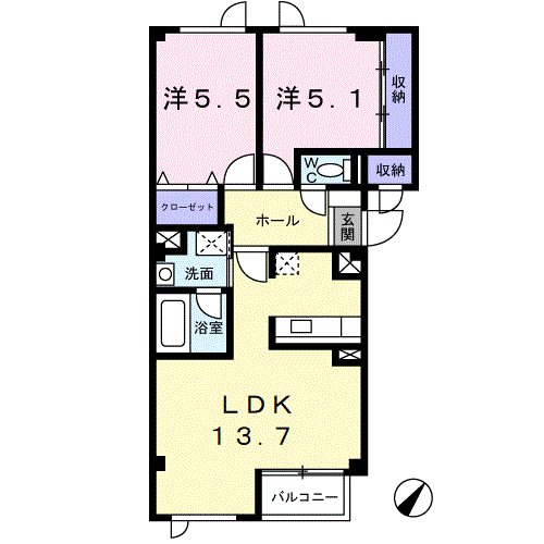 ディア若葉(2LDK/2階)の間取り写真