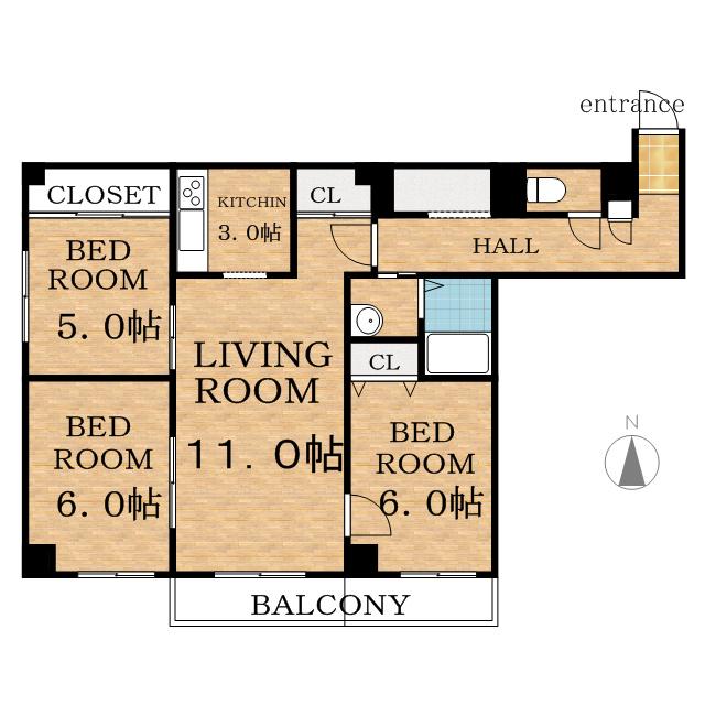 札幌市東西線 南郷７丁目駅 徒歩6分 9階建 築33年(3LDK/2階)の間取り写真
