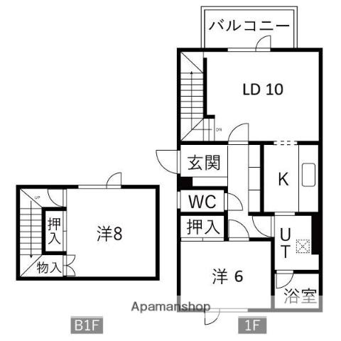 KDマンション(2LDK/1階)の間取り写真