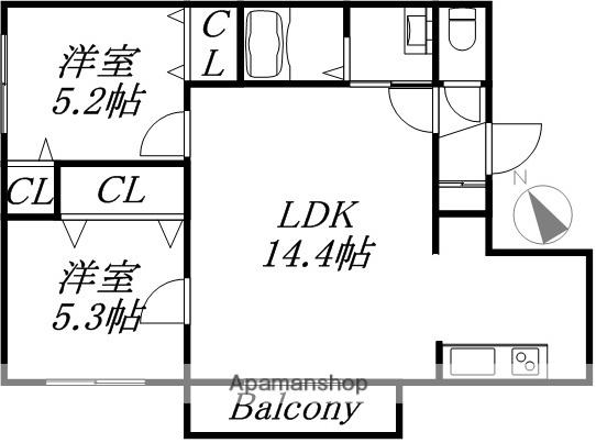 函館本線 発寒中央駅 徒歩7分 4階建 築13年(2LDK/1階)の間取り写真