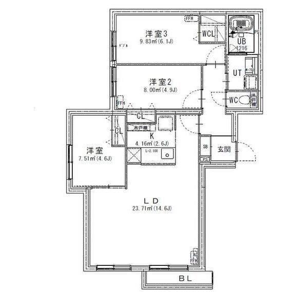 アルファスクエア円山2条(3LDK/4階)の間取り写真
