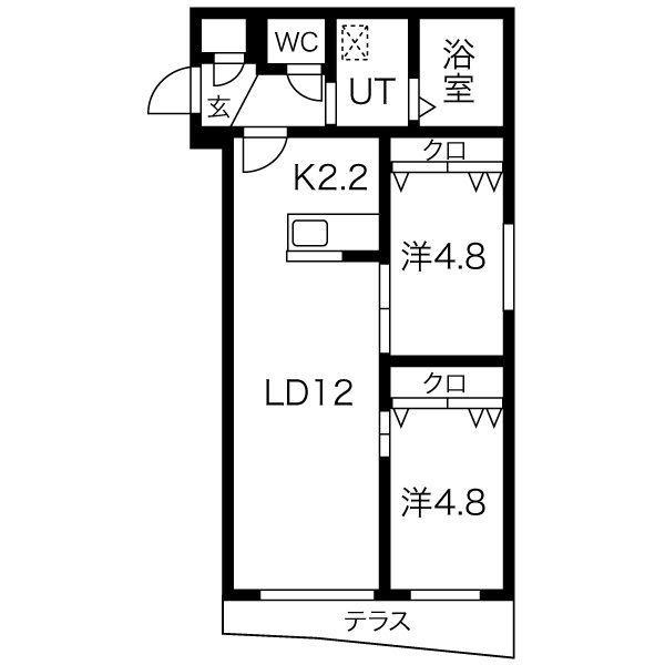 ミカーサ学園前(2LDK/1階)の間取り写真