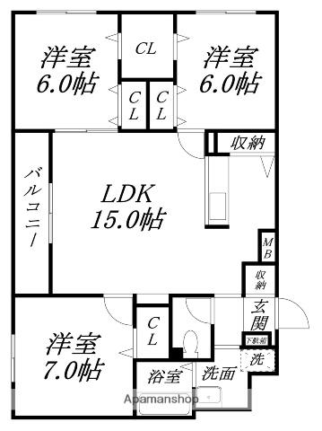 クレールマンション湯の川(3LDK/3階)の間取り写真