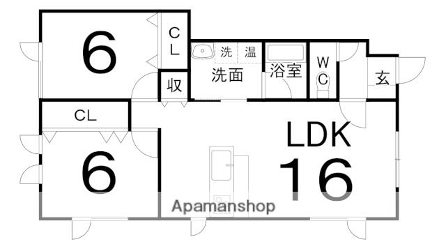 根室本線 釧路駅 バス乗車時間：15分 鶴ケ岱２丁目バス停で下車 徒歩6分 2階建 築15年(2LDK/1階)の間取り写真