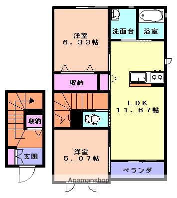 コンフォータブル・K(2LDK/2階)の間取り写真