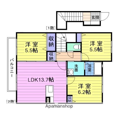 アムールコートⅡB(3LDK/2階)の間取り写真