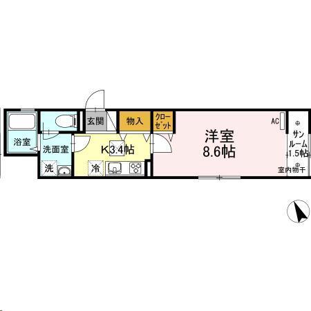 ウィングコート B(1K/1階)の間取り写真