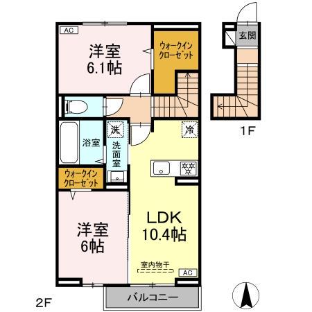 DーROOMあさかや Ⅰ(2LDK/2階)の間取り写真
