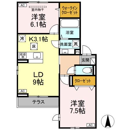 ルリアン小田原(2LDK/1階)の間取り写真