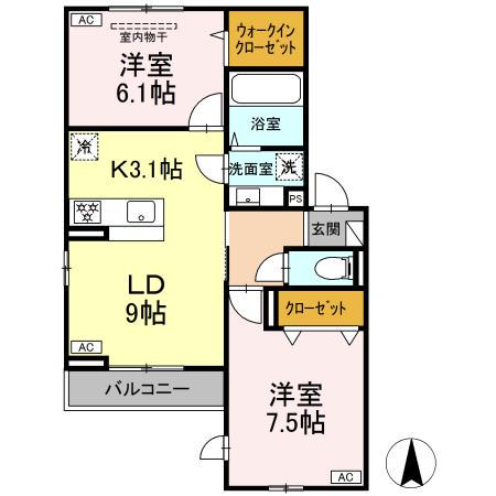 ルリアン小田原(2LDK/3階)の間取り写真