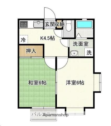 ガーデンヒルズB棟(2K/1階)の間取り写真