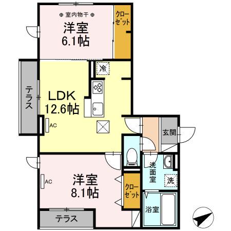 グランドゥールK八乙女(2LDK/1階)の間取り写真