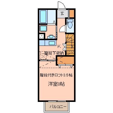 プリムヴェールⅥ(1K/2階)の間取り写真