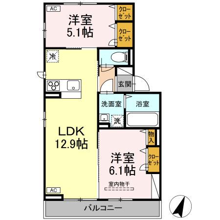 クレージュ大和町(2LDK/2階)の間取り写真