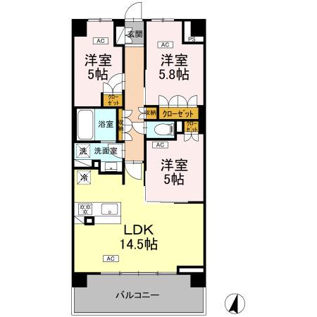 ロイヤルパークス仙台青葉通(3LDK/9階)の間取り写真