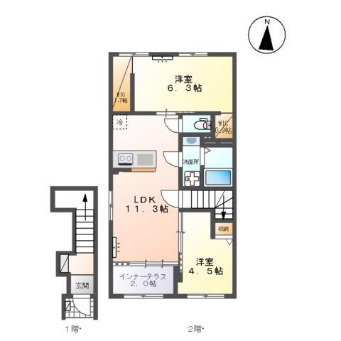 多賀城市新田アパート(2LDK/2階)の間取り写真