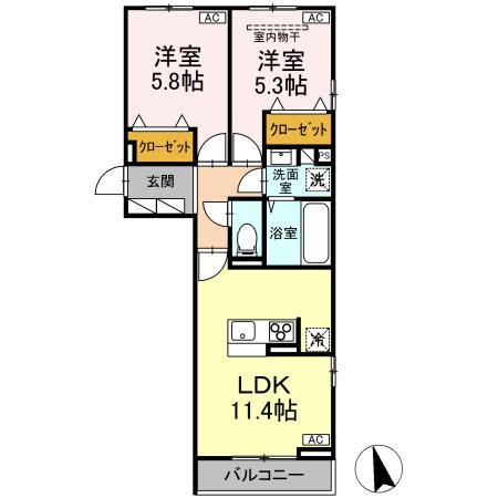 D-ROOM六十人町A(2LDK/2階)の間取り写真