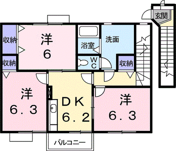 ヒルサイドハウスWⅠ(3DK/2階)の間取り写真