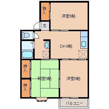 ハートタウンKATO B棟(3DK/2階)の間取り写真