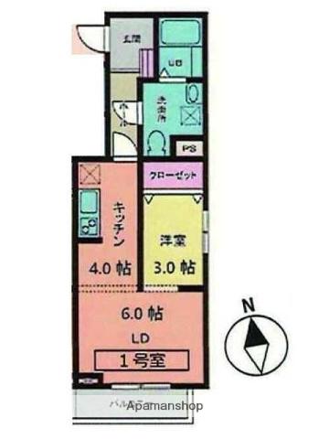 メリディアン多賀城山王参番館(1LDK/2階)の間取り写真