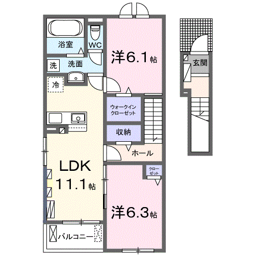 亘理町上茨田アパートⅠ(2LDK/2階)の間取り写真