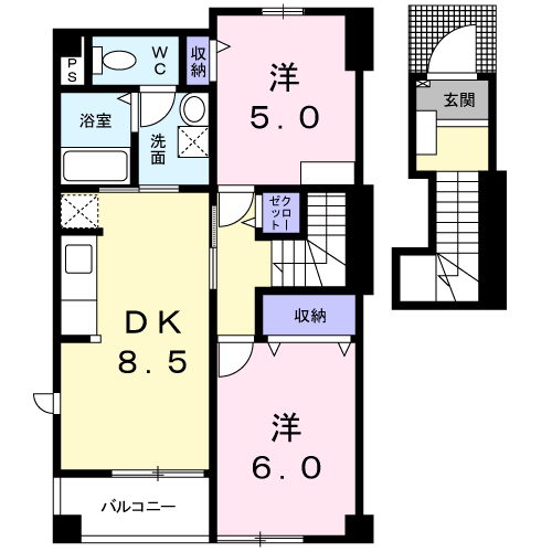 シュールメゾンⅠ(2DK/2階)の間取り写真