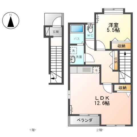 グレイスコート・フルール(1LDK/2階)の間取り写真