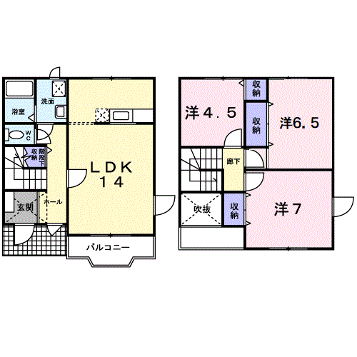 五能線 向能代駅 バス乗車時間：10分 落合バス停で下車 徒歩7分 2階建 築24年(3LDK/1階)の間取り写真