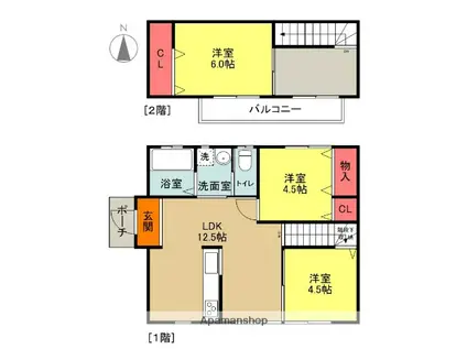 常磐線 内郷駅 バス乗車時間：7分 長槻バス停で下車 徒歩1分 2階建 築12年(3LDK)の間取り写真