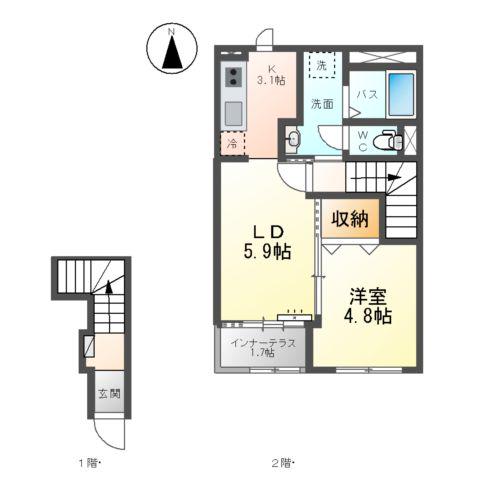 鎌田アパート(1LDK/2階)の間取り写真