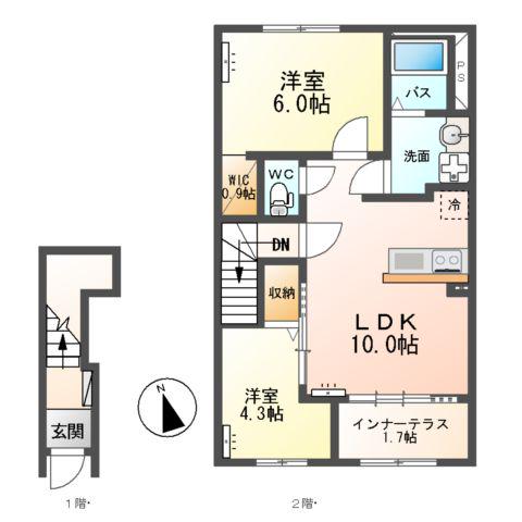 東牛谷アパートⅡ(2LDK/2階)の間取り写真